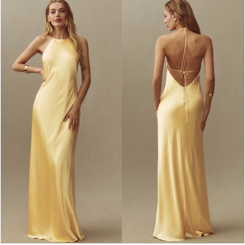 Reformation Yellow Satin Halter Backless Maxi Dress